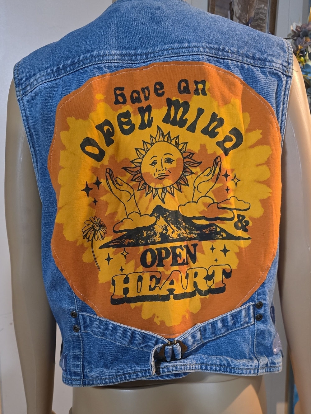 Vintage Upcycled Denim Vest with Orange 'Open Mind Open Heart' Back Patch